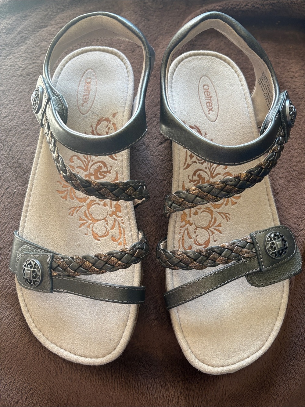 Aetrex Olive/Bronze Braided Strap Comfort Sandals for Women